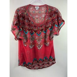 Charming Charlie Blouse Women's Sz XL Red Multi Sequins Semi Sheer Cap Sleeve